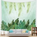 Detail of tropical palm and monstera leaf tapestry wall hanging above a modern sofa - Deep Green Jungle Plant(Style 19)