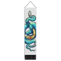 Detail of artistic snake tapestry with blue X-ray bone patterns and black bottom tassels - X-ray Bone Anatomy Snake (Style 7) / 32.5x130cm