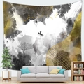 Minimalist black and white ink landscape tapestry with golden accents and birds detail - 150cmx130cm / Ink Landscape Boat (Style 3)