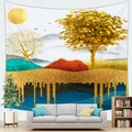 Detail showing the fine hemmed edges and texture of the mountain landscape tapestry - 95cmx73cm / Golden Fortune Tree (Style 5)