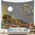 Artistic wall tapestry with golden trees and birds hanging over a modern grey sofa - 95cmx73cm / Warm Gold Birds (Style 6)