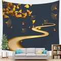 Artistic Japanese landscape tapestry with golden ginkgo leaves and birds on navy background - 95cmx73cm / Deep Blue Zen Ginkgo (Style 9)