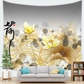 Detail of artistic lotus wall tapestry with golden lines and calligraphy on living room wall - 95cmx73cm / Gold Line Lotus Artistic (Style 12)