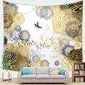 Detail of modern ink landscape tapestry featuring golden lines and birds over a sofa - 95cmx73cm / New Chinese Flowing Gold Landscape (Style 13)
