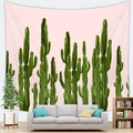 Detail of pink tapestry with green cactus print hung over a modern sofa in a living room - Pink Hand-painted Cactus (Style 7)