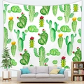 Detail of Nordic cactus watercolor tapestry hanging as backdrop above a living room sofa - Nordic Fresh Plants (Style 9)