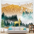 Scenic sunset mountain tapestry with golden deer silhouette hanging above a grey sofa - 95cmx73cm / Flowing Cloud Gold Mountains (Style 18)