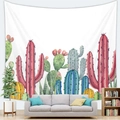 Detailed close-up of a Nordic cactus print tapestry hanging over a sofa in a bright living room - Colorful Watercolor Succulents (Style 10)