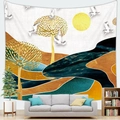 Modern abstract oil painting tapestry with golden trees and sunset over mountains - 95cmx73cm / Flowing Gold Landscape Moon (Style 20)