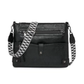 Vintage black washed leather crossbody bag with multiple zippers and woven shoulder strap - Black