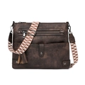 Vintage brown washed leather crossbody bag with wide bohemian woven shoulder strap - Coffee