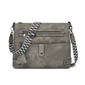 Retro washed leather crossbody bag in grey with ethnic strap and multiple pockets - Gray