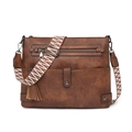 Vintage brown leather crossbody bag with ethnic patterned strap and fringe detail - Brown