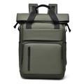 Olive green roll-top business backpack with waterproof matte finish and front pockets - Green