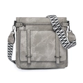 Detailed view of gray messenger bag with vintage texture and geometric wide strap - Gray