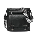 Close-up of litchi texture faux leather and geometric woven strap on black bucket bag - Black