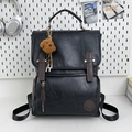 Retro black PU leather backpack with brown accents and teddy bear pendant - Black With Pendant