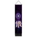 Detailed view of galaxy dreamcatcher wall hanging with wood rod and black tassel fringe - 32.5x130cm / Glowing Purple Dreamcatcher Feather (9)