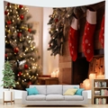 Detailed Christmas wall tapestry featuring a warm fireplace scene with festive tree and socks - Christmas Stockings Firewood (Style 8)