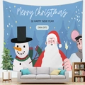 Christmas Santa and Snowman peach skin tapestry hanging above a sofa for festive wall decor - Light Blue Santa and Mouse Illustration Style (Style-12)