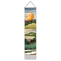 Vertical landscape tapestry with orange sun and snow mountains on wooden wall scroll - 32.5x130cm / Japanese Snow Mountain Red Sun Style