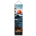 Vertical wall tapestry with ukiyo-e landscape, red sun, waves and black tassels - 32.5x130cm / Ukiyo-e Style Waves And Red Sun Style