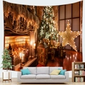 Cozy Christmas scene tapestry with fireplace and decorated tree over living room sofa - Star & Lantern Fireplace (Pattern 8)