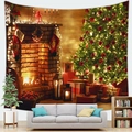 Cozy Christmas scene tapestry with fireplace and tree hanging above a grey sofa - Burning Fireplace & Tree (Pattern 10)