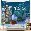 Christmas snowflake tapestry featuring a snowy cabin and reindeer in a modern living room - Hand Drawn Cartoon Snowy Cabin Style-7