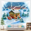 Christmas tapestry with watercolor winter cabin, snow scene and red gift sleigh on wall - Style 2 / 95x73cm (Brushed)