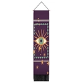 Detail of bohemian evil eye tapestry with wooden rod, purple base and black tassel fringe - 32.5x130cm / Dark Purple Boho Eye and Stars Style (Style-6)