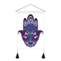 Detail of Hamsa Hand tapestry with purple mandala pattern and black tassels on white fabric - 35x50cm / Purple Mandala Pattern