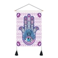 Detail of Hamsa Hand and Evil Eye tapestry with purple tassels and wooden rod - 35x50cm / Beige Mandala Evil Eye