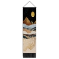 Detailed macro of vertical mountain tapestry with golden deer and black fringe trim - 32.5x130cm / Night Sky Golden Moon & Deer Pattern (Style-5)