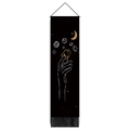 Vertical wall tapestry with minimalist moon and floral line art on black canvas - Cosmic Floral Gesture Style / 32.5x130cm