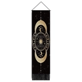 Detail of bohemian black and gold tapestry with moon phases, sun totem, and fringe tassels - 32.5x130cm / Celestial Moon Phase Totem (Style-2)