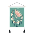 Detailed shot of vintage moth tapestry with wooden hanging rod and black tassels - Pink Silk Moth Style (Style-2) / 35x50cm