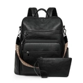 Black pebbled leather backpack set with matching clutch and ethnic woven strap - Black