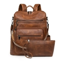 Vintage brown PU leather backpack set with leopard accent strap and matching clutch pouch - Two-tone Brown Coarse Grain