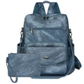 Blue denim texture backpack set with matching wristlet featuring multiple pockets and metal zips - Blue