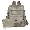 Vintage taupe faux leather backpack set with matching pouch and multiple pockets - Gray