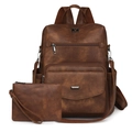 Close-up of vintage brown PU leather backpack set with smooth metal zipper details - Two-tone Brown Coarse Grain