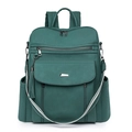 Detail of dark green PU leather backpack featuring tiered zipper pockets and striped strap - Green