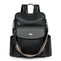 Detail of large black PU leather backpack with striped shoulder strap and tassel - Black (0416#)