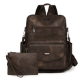 Vintage dark brown faux leather backpack set with large capacity and matching clutch bag - Two-tone Coffee