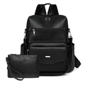 Set de mochila de cuero sintético negro clásico con bolso de mano y detalles plateados - Negro