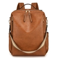 Retro brown PU leather women's backpack with dual zippers and striped fabric shoulder strap - Yellow Brown