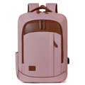 Pink commute backpack for men with USB port and brown leather details on white background - Pink