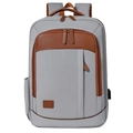Business laptop backpack in light grey fabric with brown leather trim and USB port - Gray
