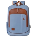 Light blue canvas laptop backpack with brown leather trim and USB port for travel - Blue